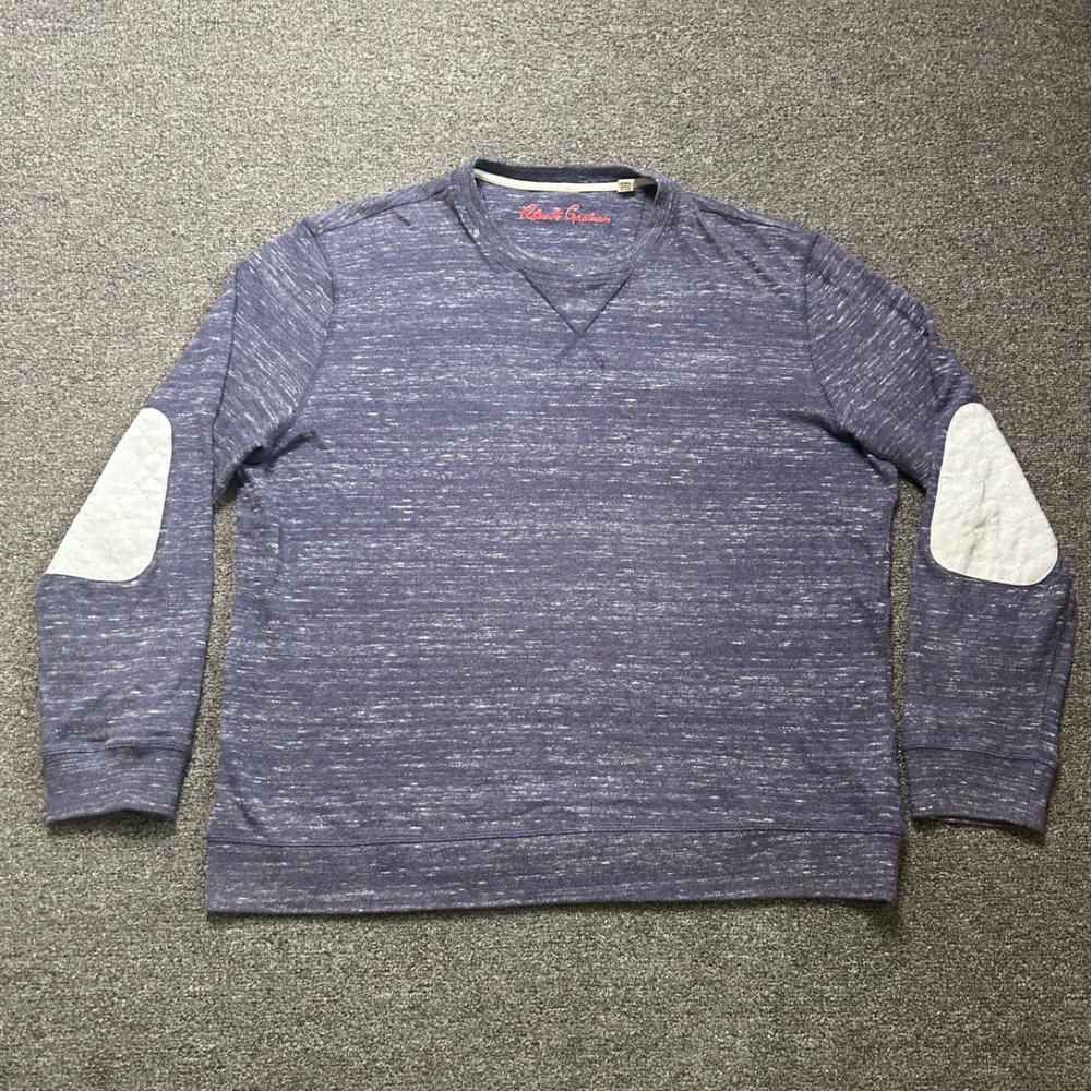 Robert Graham Sweatshirt‎ Blue Mens 2XL Classic Fit Space Dye Elbow Patches Crew